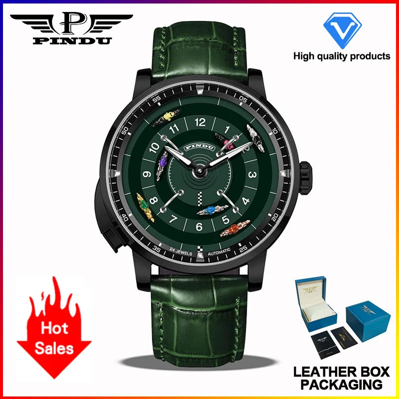 PINDU New Horse Racing Series Men Mechanical Watch NH35 Movement Horse Racing Wheel Game Design Sapphire 50M Waterproof Watch