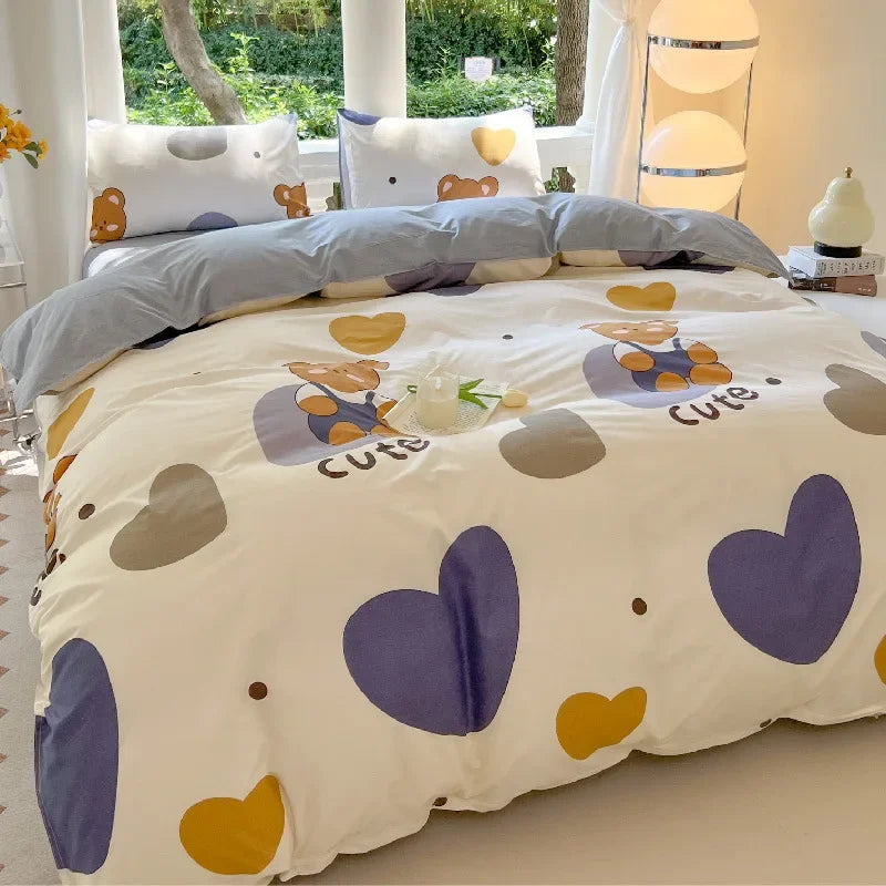 Kawaii Bear Printed Bed Set Floral Duvet Cover Pillowcase Bedding Set Cute Dog Bed Linen Sheet Quilt Cover Full Queen King Size