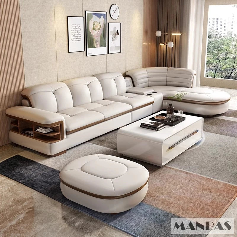 Luxury L-Shaped Genuine Leather Sectional Sofa Sets with USB, Bluetooth Speaker -  Living Room Italian Leather Couches