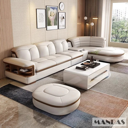 Luxury L-Shaped Genuine Leather Sectional Sofa Sets with USB, Bluetooth Speaker -  Living Room Italian Leather Couches
