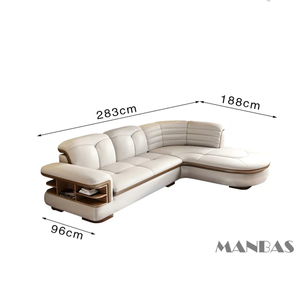 Luxury L-Shaped Genuine Leather Sectional Sofa Sets with USB, Bluetooth Speaker -  Living Room Italian Leather Couches