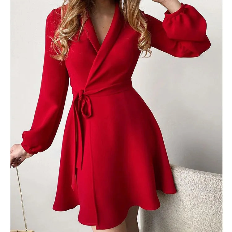 Women'S Autumn New Fashion V-Neck Long Sleeve High Waist One Piece Color Matching Lace up Irregular Dress