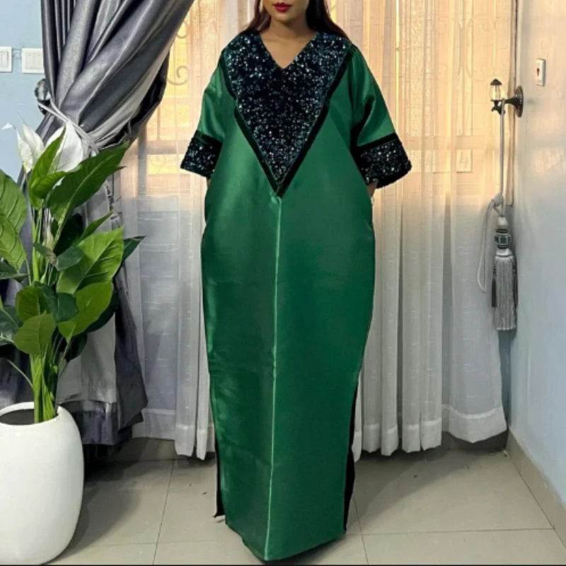 African Kaftan Boubou Dresses for Women Elegant Shiny Bubu Traditional Africa Long Loose V Neck Party Event Occasion Female New