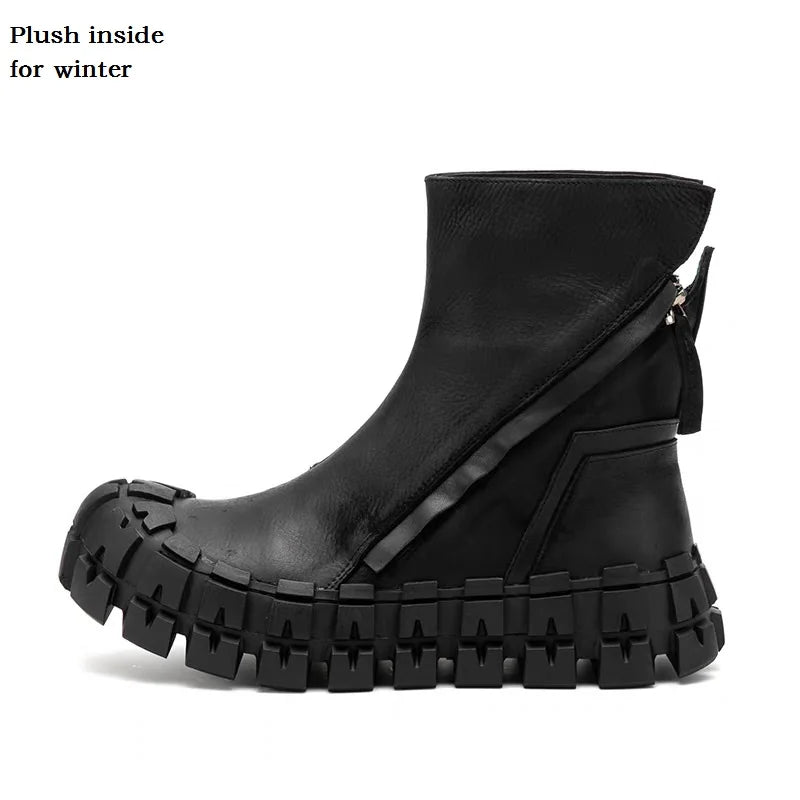 Spring Autumn New British Style Retro Chunky Gear Bottom Sewing Zipper Genuine Leather Men Mid-Calf Half Motorcycle Boots 2306