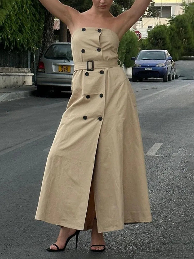 Freeacy Women'S Khaki Strapless Double Breasted High Waist Belted Dress Elegant Casual Office Wear 2025 New Party Dresses