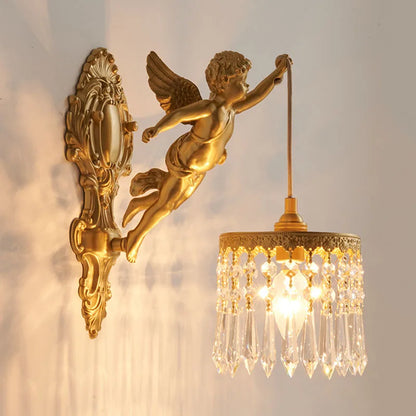 French Vintage Style Copper Angel Pendant-Shaped Crystal Wall Lamp, for Bedroom Bedside and Balcony Area