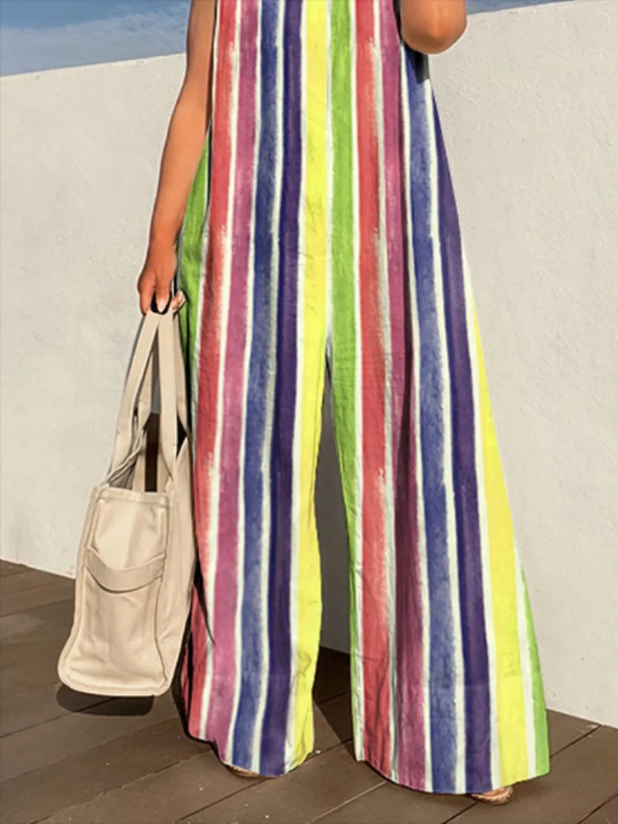Bonboho 2025 Women'S Casual Jumpsuit round Neck Sleeveless Colorful Striped Wide Leg Coveralls Streetwear Loose One-Piece Suit