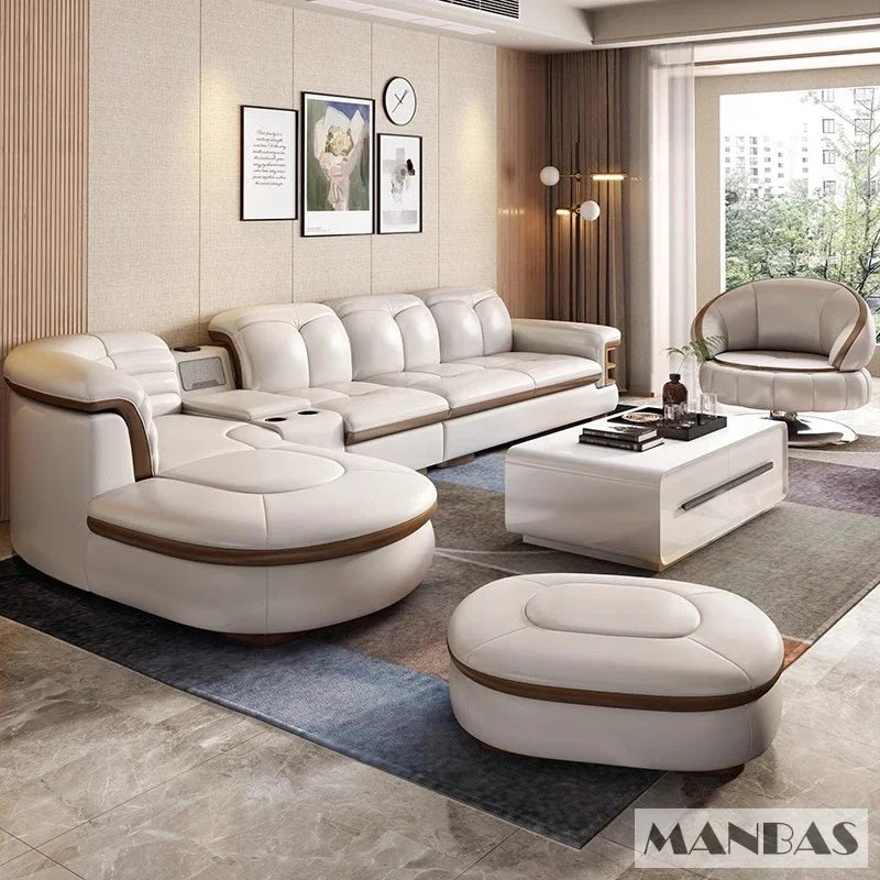 Luxury L-Shaped Genuine Leather Sectional Sofa Sets with USB, Bluetooth Speaker -  Living Room Italian Leather Couches