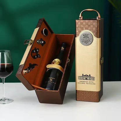 Classic PU Leather Single Red Wine Holder Luxury Ring Paper Cutter Seahorse Knife Pourer Wooden Packing Box Gift