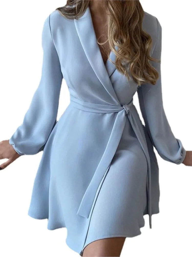 Women'S Autumn New Fashion V-Neck Long Sleeve High Waist One Piece Color Matching Lace up Irregular Dress