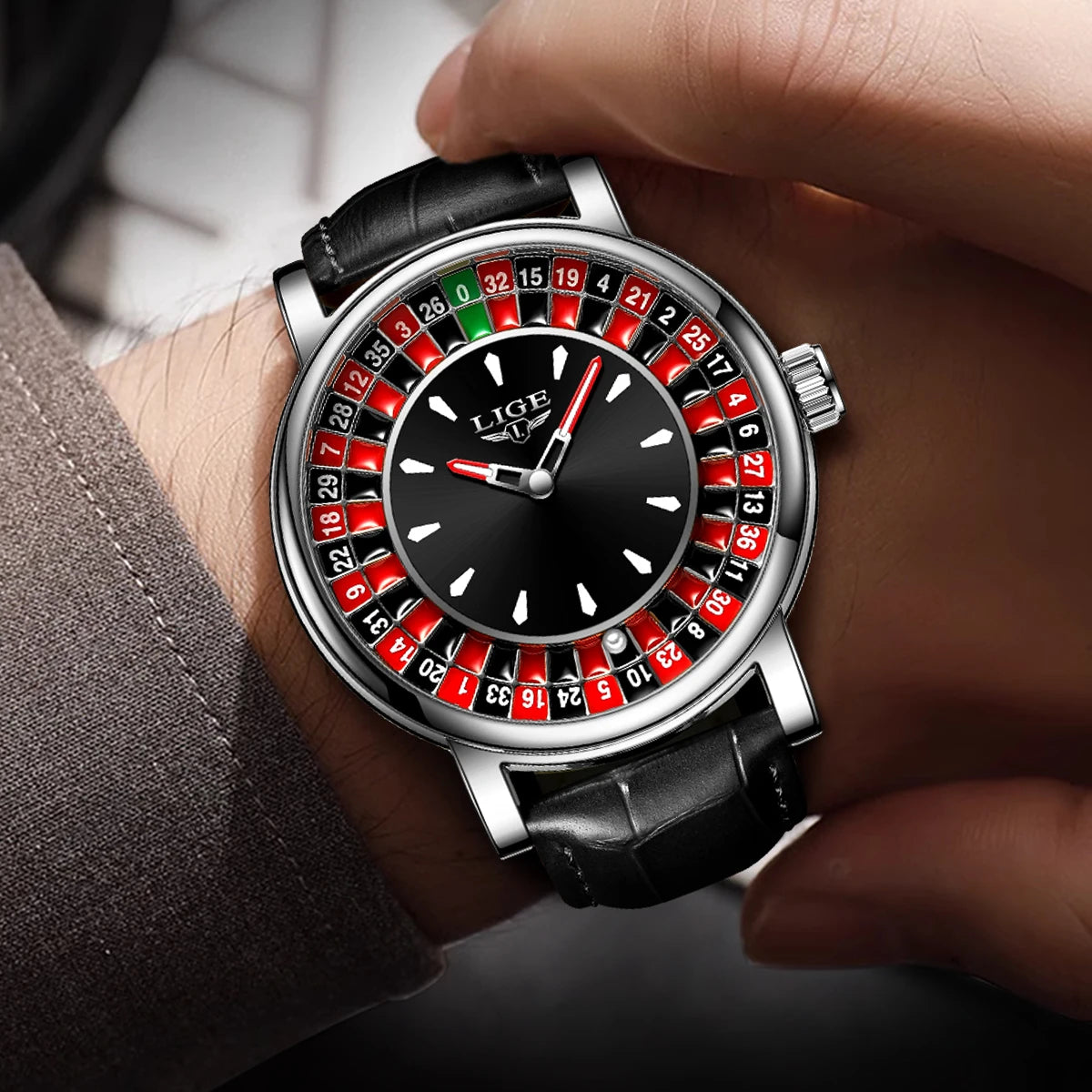 Quartz Man Watch Fashion Luxury Creative Roulette Game Dial Design Leather Casual Life Waterproof Watches for Men Gifts+Box