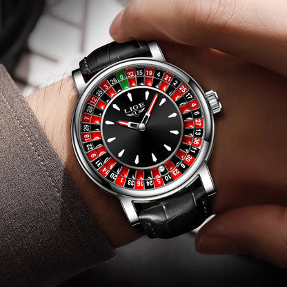 Quartz Man Watch Fashion Luxury Creative Roulette Game Dial Design Leather Casual Life Waterproof Watches for Men Gifts+Box