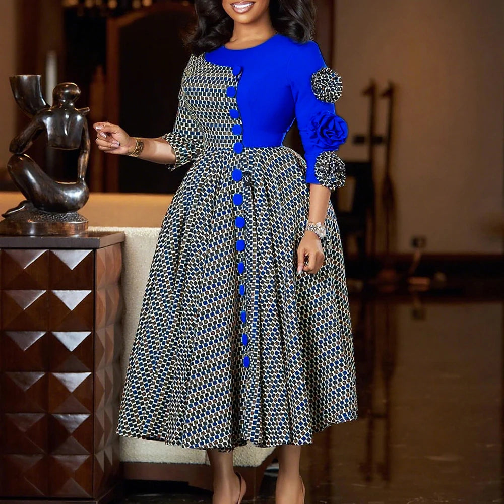 Elegant Dresses for Women 2025 Fall Fashion African 3/4 Sleeve Party Birthday New Robe Chic 3D Flower Plaid Evening A-Line Dress