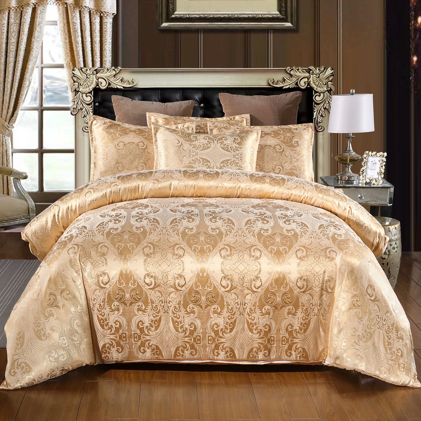 Satin Duvet Cover Size, Floral Jacquard Satin Duvet Cover Set 3 Piece Luxury Silk like Bedding Comforter Cover Set