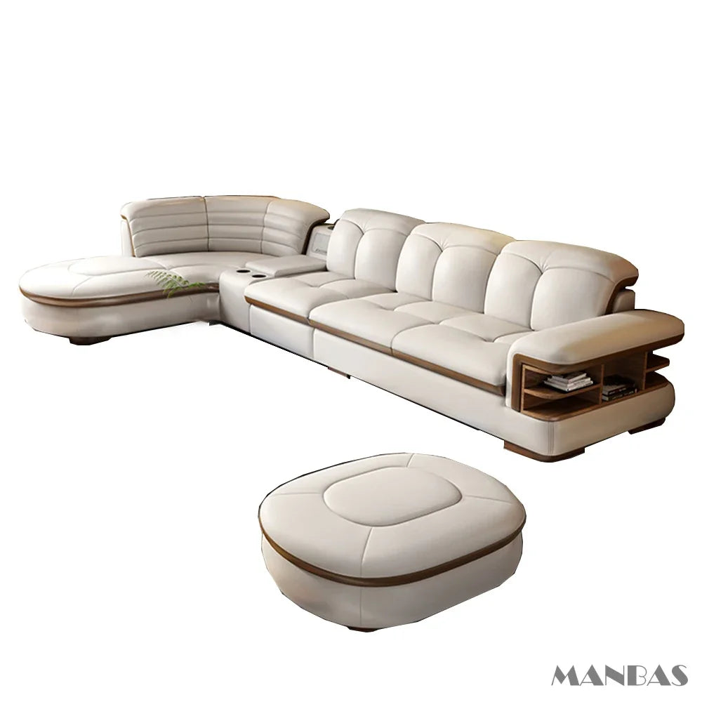 Luxury L-Shaped Genuine Leather Sectional Sofa Sets with USB, Bluetooth Speaker -  Living Room Italian Leather Couches