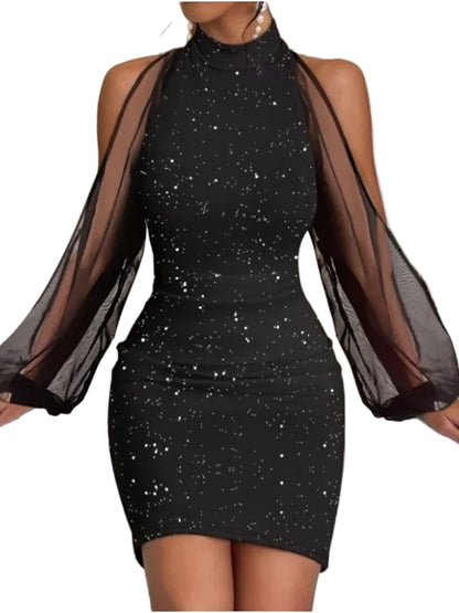 Round Neck Lace Lantern Long Sleeved Sequin Sexy Women'S Hip Hugging Skirt Date Party Fashionable Slim Autumn Dress