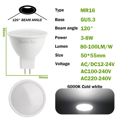 10-Pack MR16 GU5.3 LED Spotlight Bulbs, Compatible with 50W Halogen, AC 110V/220V/12V, Ideal for Home Lighting
