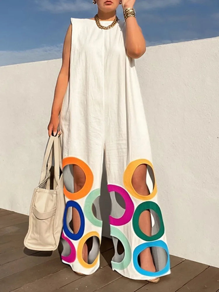 Yeezzi Women Fashion Rainbow Hollow Wide Leg Jumpsuits 2025 New Summer Sleeveless Loose Urban Office Overalls with Shoulder Pad