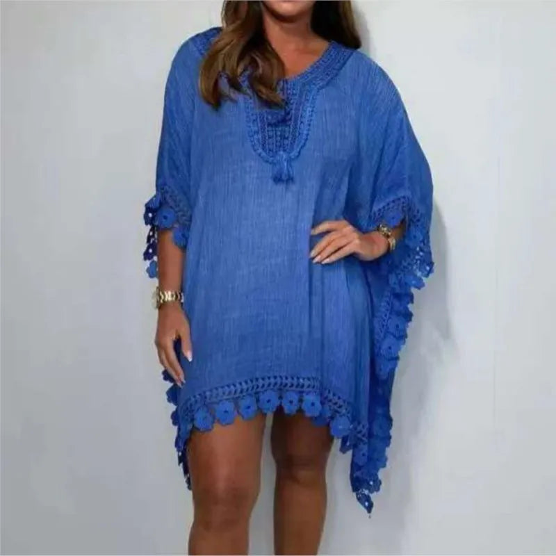 Summer Fashion Women'S Beach Dress New Sexy Boho Bat Sleeve V-Neck Hollow Edge Casual Holiday Shirt Skirt Women Vestidos 2025