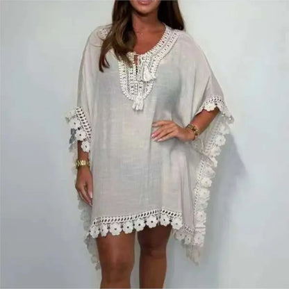 Summer Fashion Women'S Beach Dress New Sexy Boho Bat Sleeve V-Neck Hollow Edge Casual Holiday Shirt Skirt Women Vestidos 2025