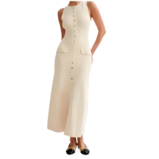 2024 Summer Elegant Lady Knitted Single Breasted Long Dresses Women Solid Sleeveless O Neck Button Bodycon Party Female Vestidos