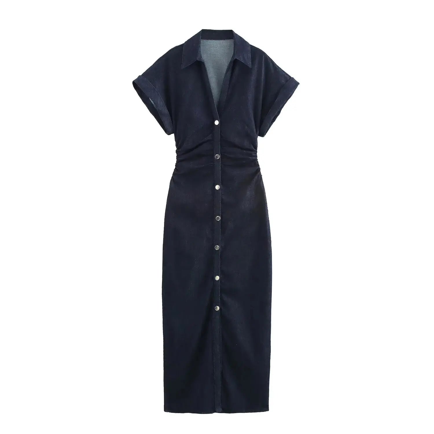 2025 Traf Spring New 1975 Series Denim MIDI Dress with Lapel Side Zipper Fashion Wrinkle Waist Slim Elegant Dress