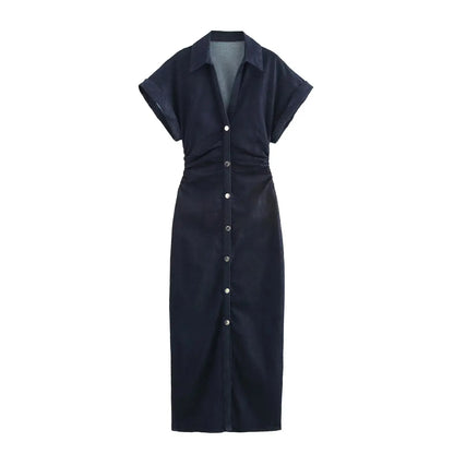 2025 Traf Spring New 1975 Series Denim MIDI Dress with Lapel Side Zipper Fashion Wrinkle Waist Slim Elegant Dress