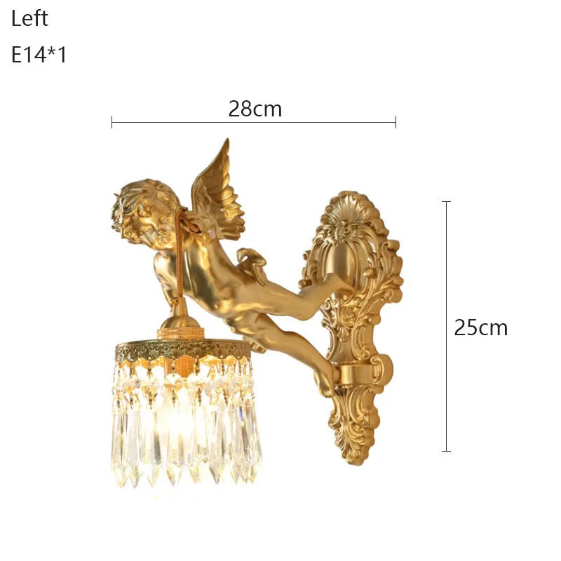 French Vintage Style Copper Angel Pendant-Shaped Crystal Wall Lamp, for Bedroom Bedside and Balcony Area