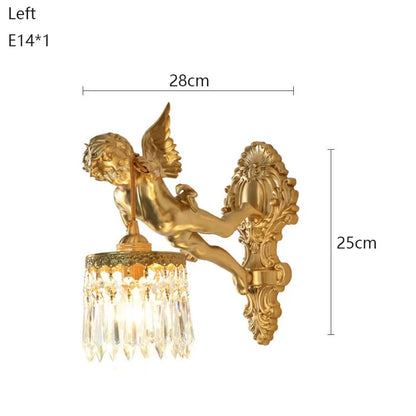 French Vintage Style Copper Angel Pendant-Shaped Crystal Wall Lamp, for Bedroom Bedside and Balcony Area