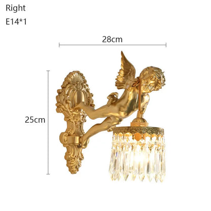 French Vintage Style Copper Angel Pendant-Shaped Crystal Wall Lamp, for Bedroom Bedside and Balcony Area