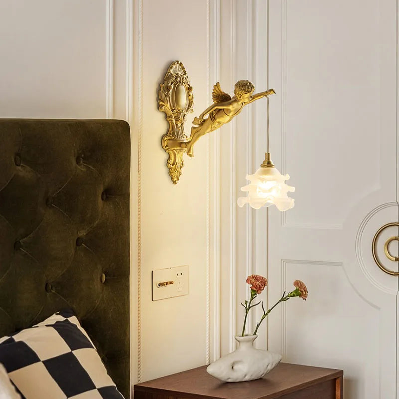 French Vintage Style Copper Angel Pendant-Shaped Crystal Wall Lamp, for Bedroom Bedside and Balcony Area