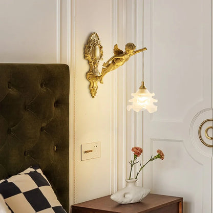French Vintage Style Copper Angel Pendant-Shaped Crystal Wall Lamp, for Bedroom Bedside and Balcony Area