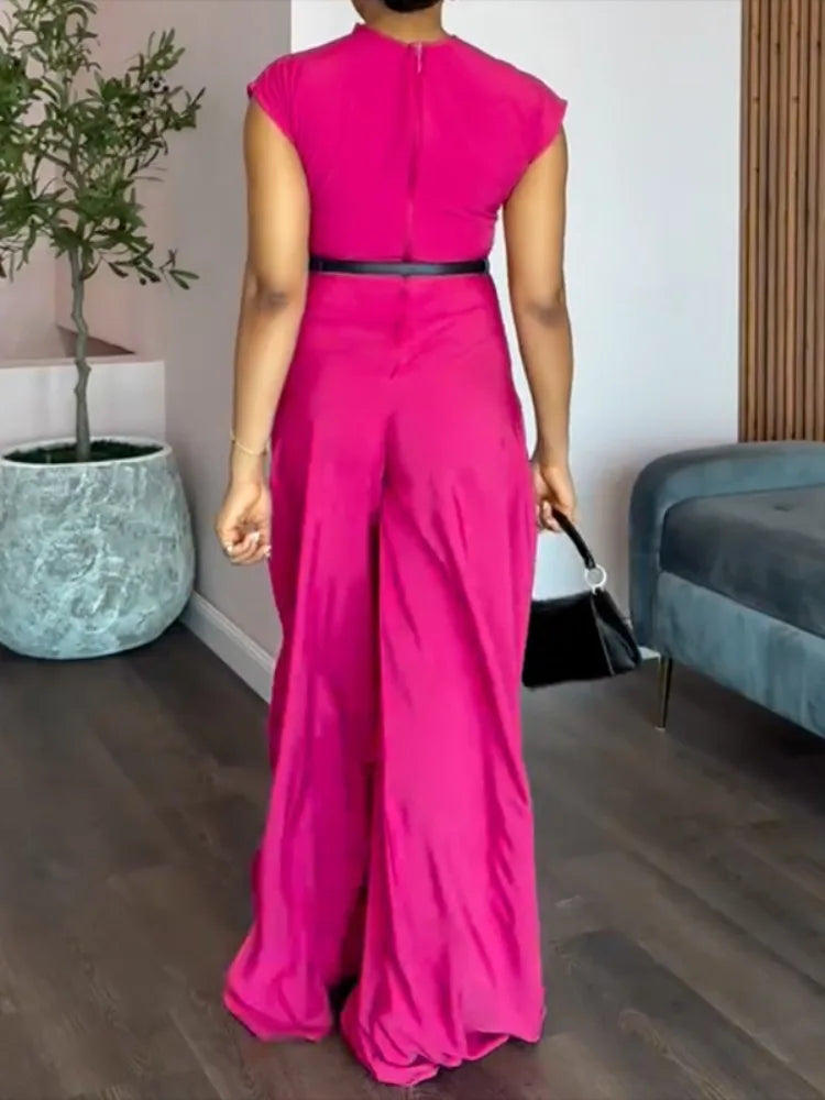 Freeacy 2025 Fashion Women'S Jumpsuit round Neck Cap Sleeves Slim Fit One-Piece Suit Summer Solid Color Wide Leg Jumpsuits