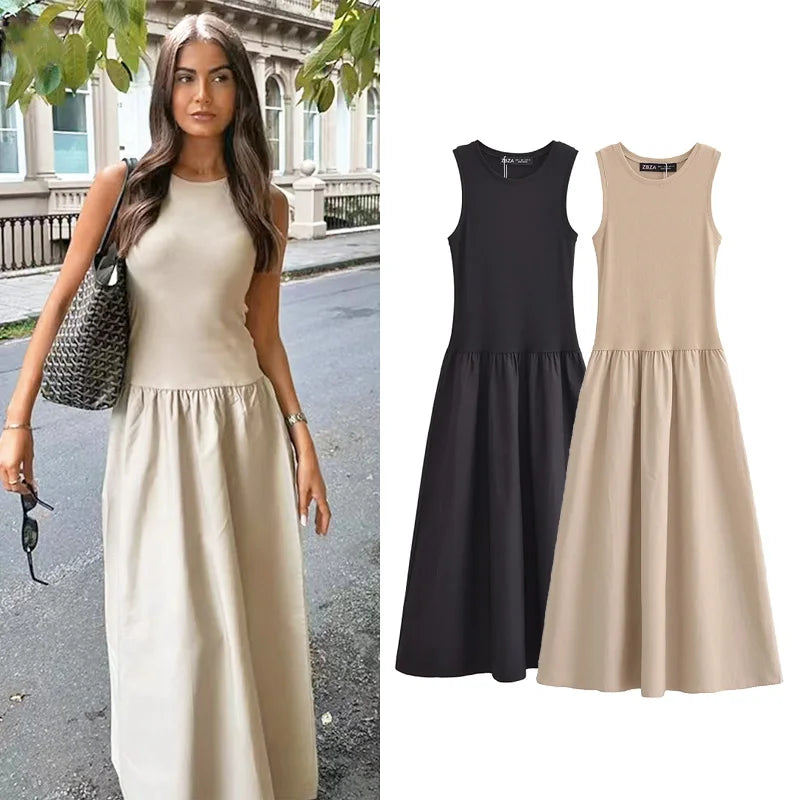 Khaki Elegant Long Dresses 2025 Women'S Spring Sleeveless Black Dresses Fashion Casual Party Y2K Dress Vestidos for Female
