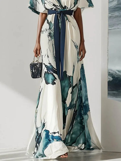 Freeacy Watercolor Printed Elegant Maxi Dress for Women 2025 Summer V-Neck Lace-Up Waist Batwing Sleeves Pleated Party Dresses