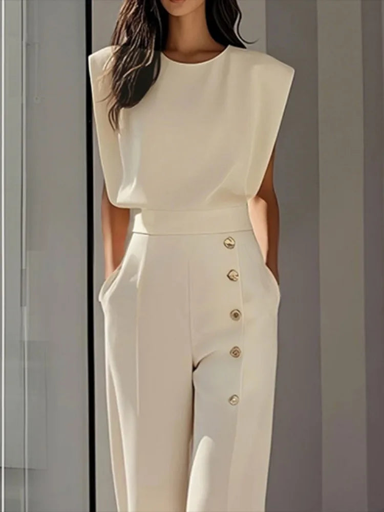 Freeacy Women Elegant Jumpsuit Solid White round Neck Cap Sleeves High Waist Wide Leg One-Piece Suit Side Buttoned Coveralls