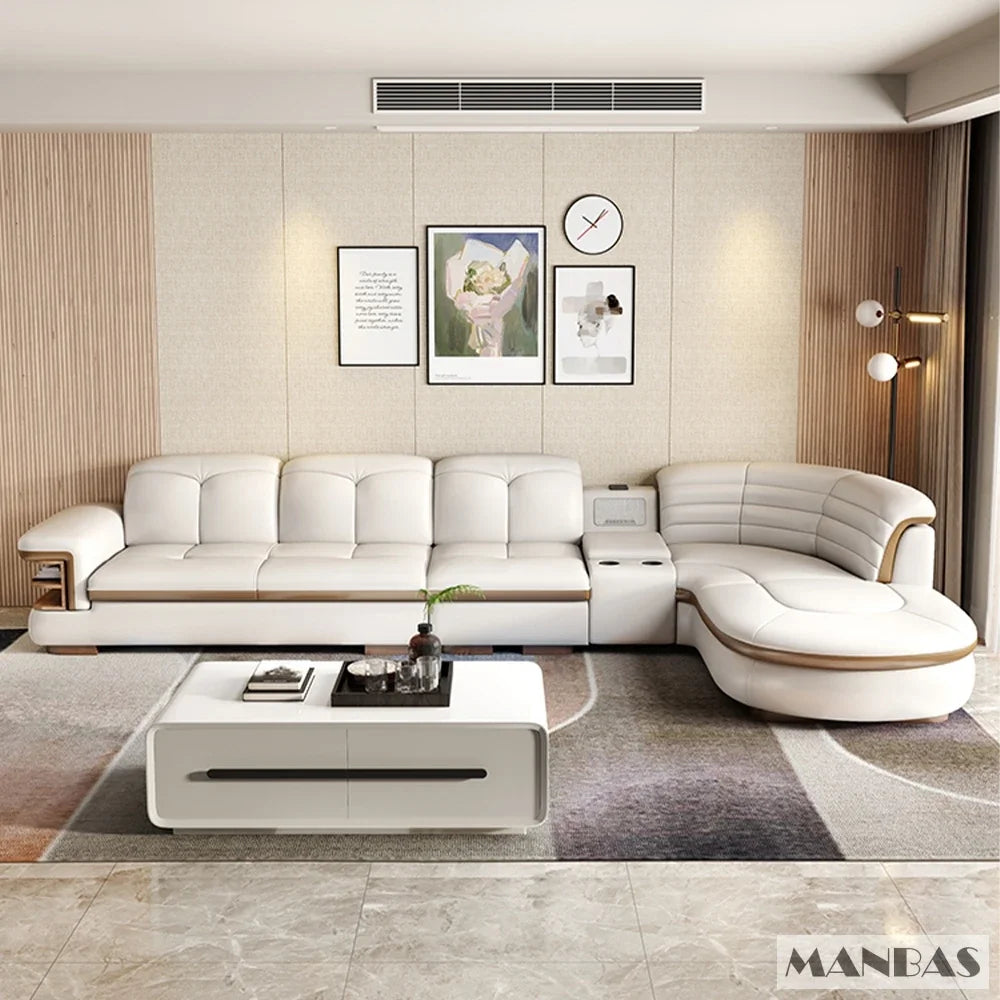 Luxury L-Shaped Genuine Leather Sectional Sofa Sets with USB, Bluetooth Speaker -  Living Room Italian Leather Couches