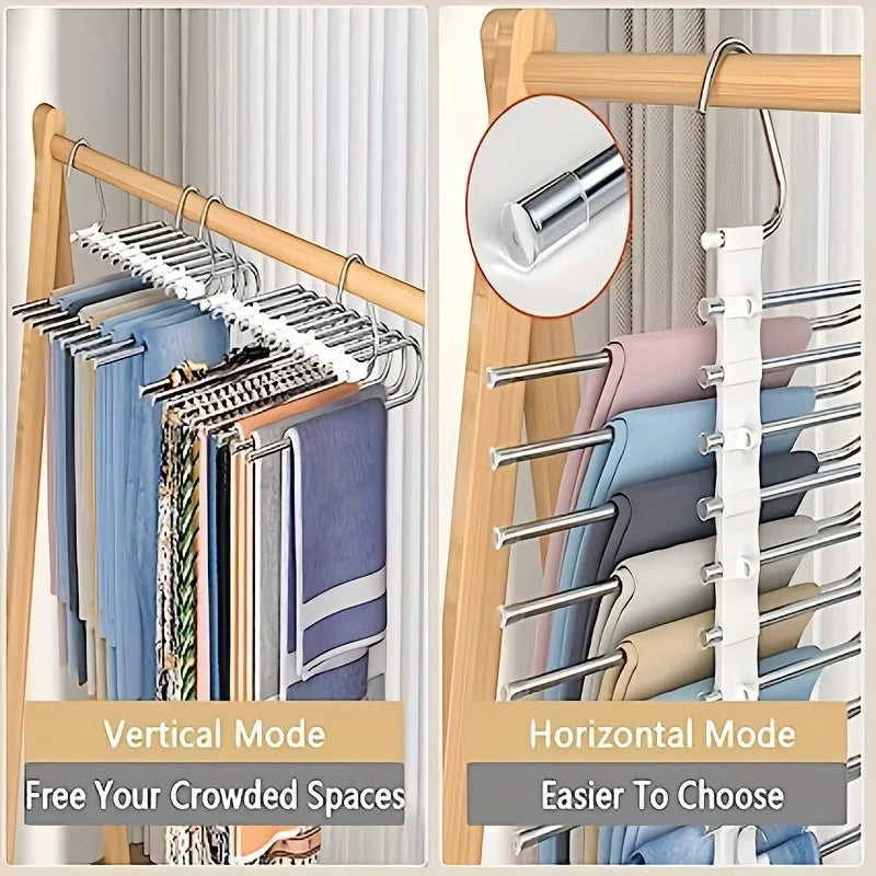 9-Layer Folding Polished Stainless Steel Pants Rack Storage Tool and Hook Multifunctional S-Shaped Closet Organizer