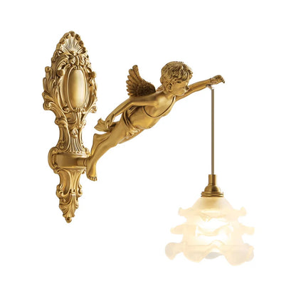 French Vintage Style Copper Angel Pendant-Shaped Crystal Wall Lamp, for Bedroom Bedside and Balcony Area