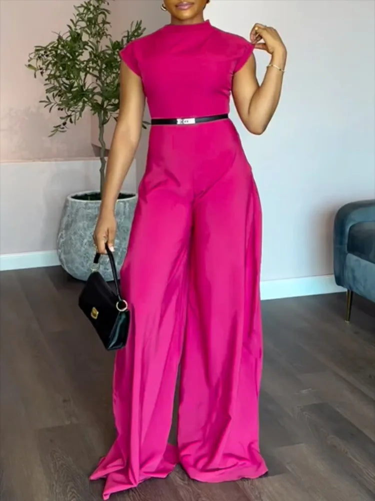 Freeacy 2025 Fashion Women'S Jumpsuit round Neck Cap Sleeves Slim Fit One-Piece Suit Summer Solid Color Wide Leg Jumpsuits