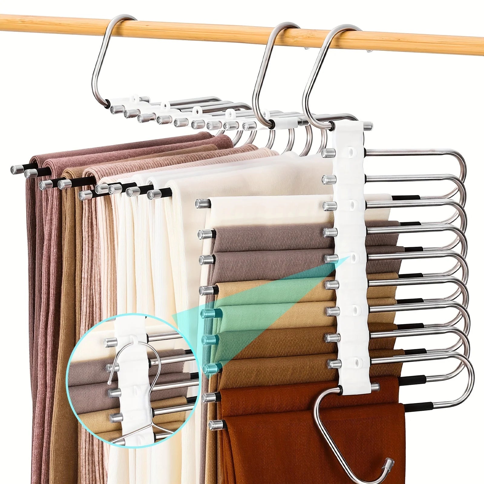 9-Layer Folding Polished Stainless Steel Pants Rack Storage Tool and Hook Multifunctional S-Shaped Closet Organizer