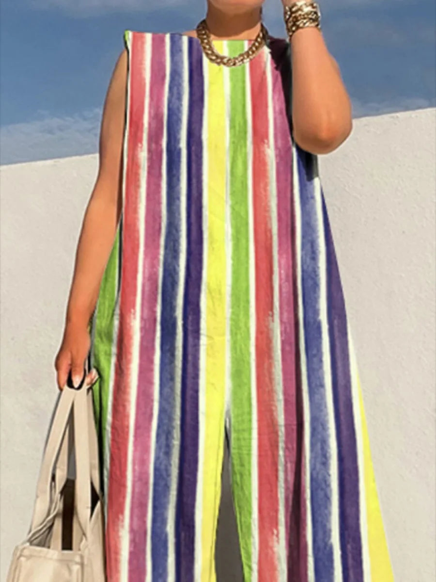 Bonboho 2025 Women'S Casual Jumpsuit round Neck Sleeveless Colorful Striped Wide Leg Coveralls Streetwear Loose One-Piece Suit