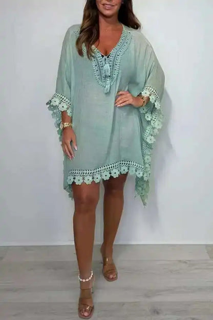 Summer Fashion Women'S Beach Dress New Sexy Boho Bat Sleeve V-Neck Hollow Edge Casual Holiday Shirt Skirt Women Vestidos 2025