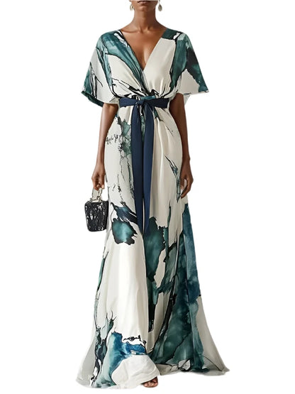 Freeacy Watercolor Printed Elegant Maxi Dress for Women 2025 Summer V-Neck Lace-Up Waist Batwing Sleeves Pleated Party Dresses