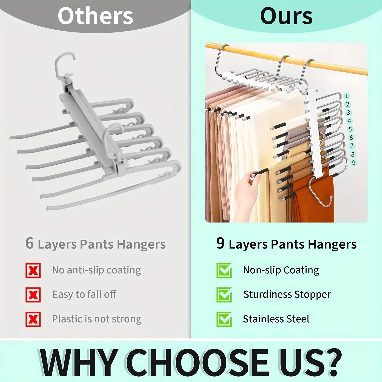 9-Layer Folding Polished Stainless Steel Pants Rack Storage Tool and Hook Multifunctional S-Shaped Closet Organizer