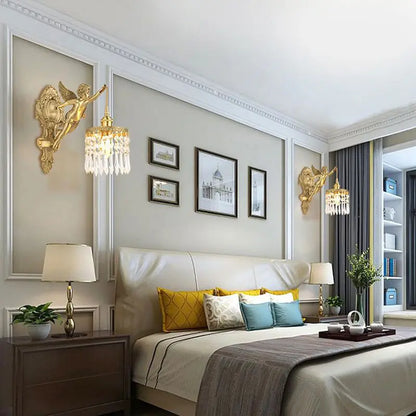 French Vintage Style Copper Angel Pendant-Shaped Crystal Wall Lamp, for Bedroom Bedside and Balcony Area