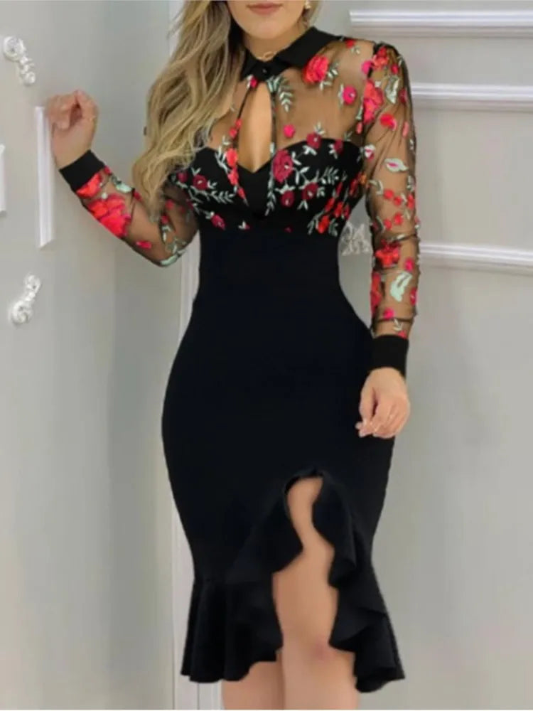 Long Dresses Spring Summer Sexy Mesh Ruffle Dress Wome Long Sleeve Irregularity Midi Dress Fashion Print Elegant Party Dresses