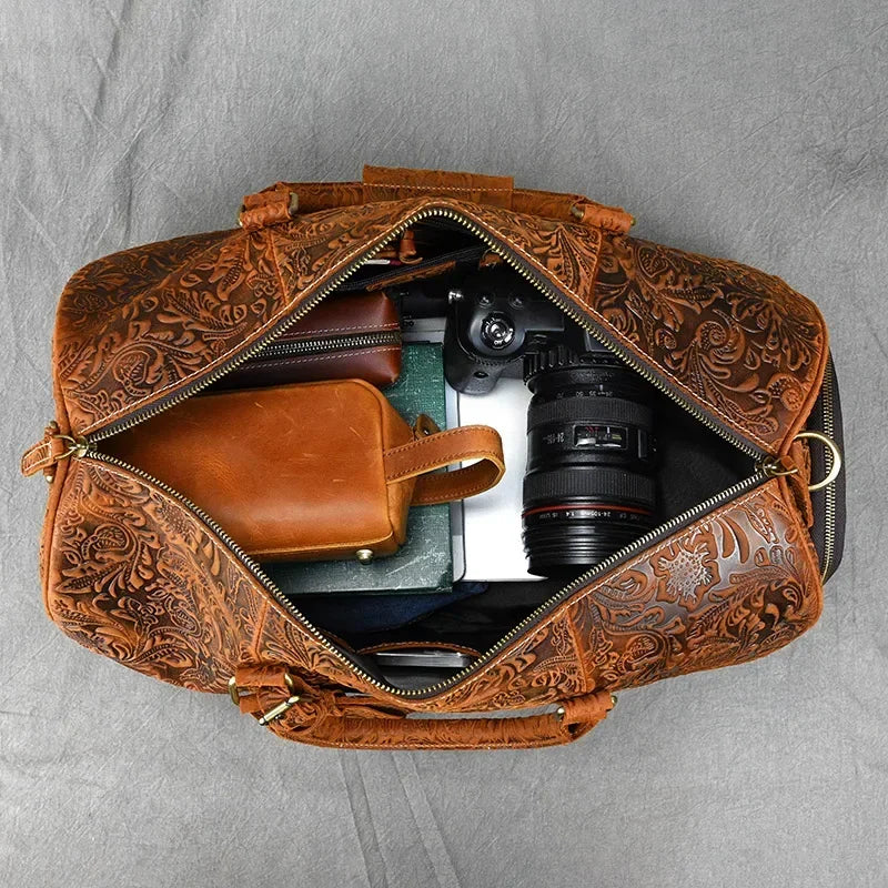 52Cm Vintage Genuine Leather Travel Bag for Men Crazy Horse Leather Travel Duffle Large Shoulder Bag Cowhide Bag Weekend Bag