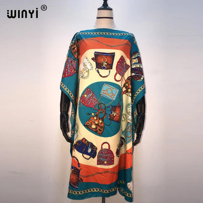 Africa Fashion Blogger Recommend Popular Printed Silk Kaftan Maxi Dresses Loose Summer Beach Bohemian Kaftan Long Dress for Lady