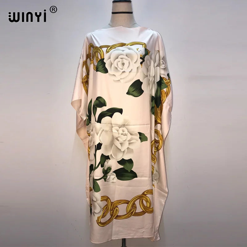 Africa Fashion Blogger Recommend Popular Printed Silk Kaftan Maxi Dresses Loose Summer Beach Bohemian Kaftan Long Dress for Lady
